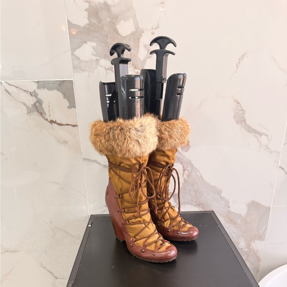 Tan Fur-Lined Lace-Up Wedge Boots